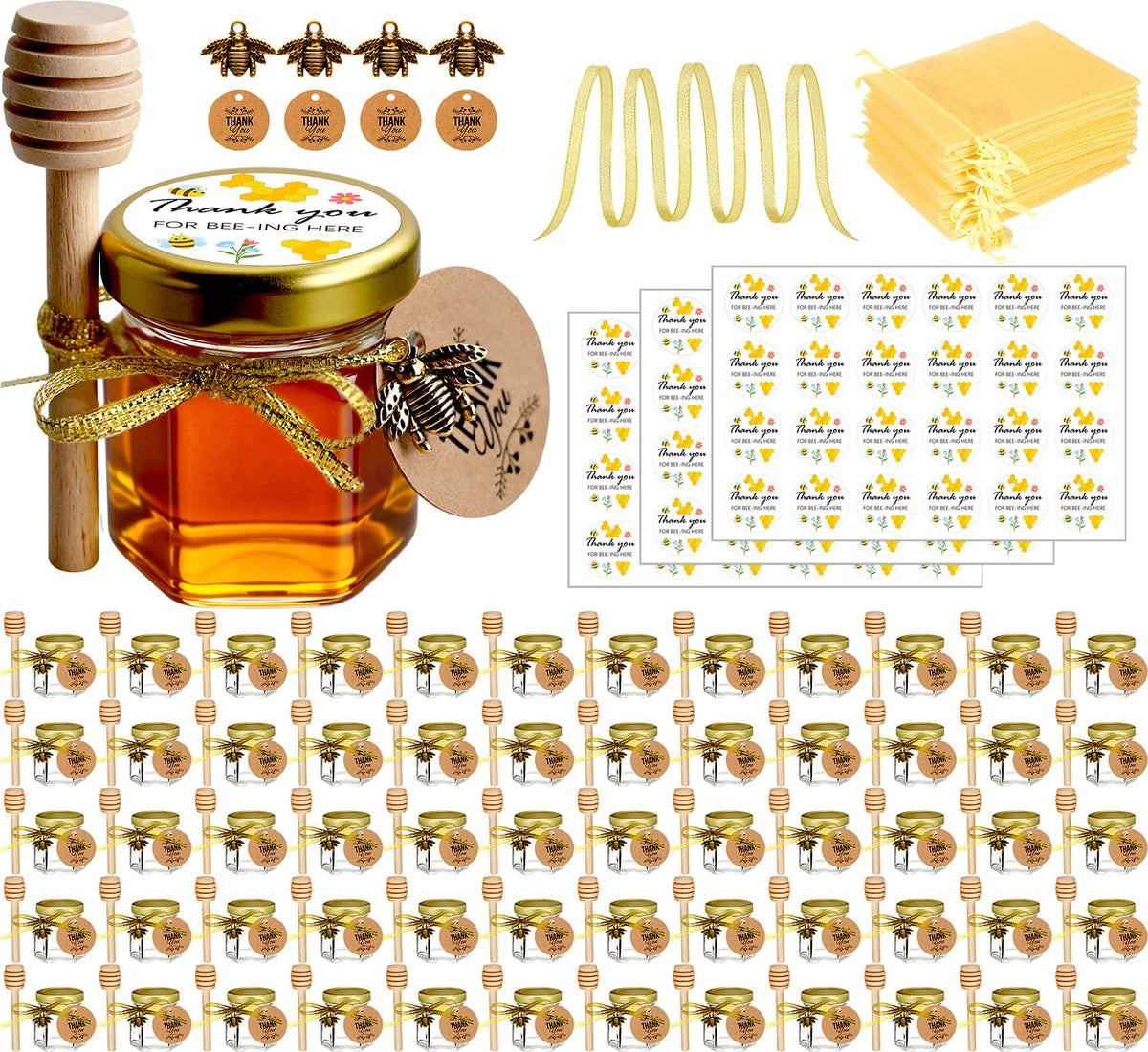 Ahhute front view of 60-pack mini honey jars showing complete set and benefits