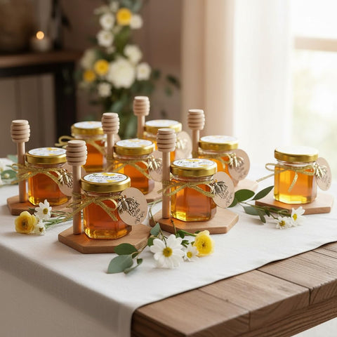 Ahhute wooden honey dipper resting on jar rim for easy serving