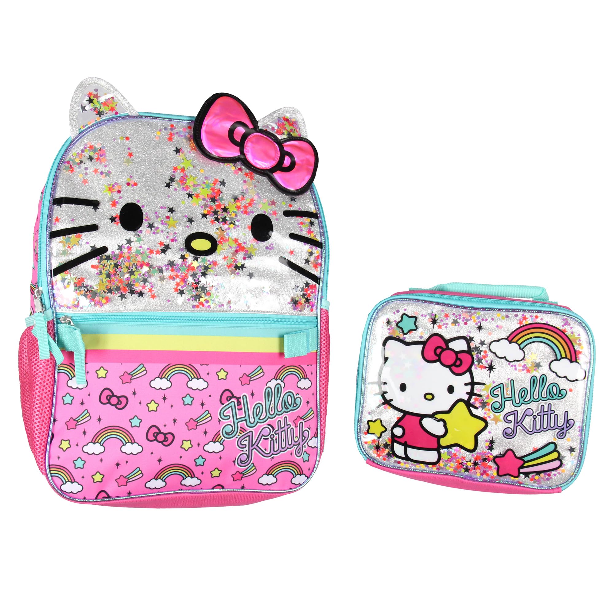 AI ACCESSORY INNOVATIONS Hello Kitty front backpack view showing glitter stars and sturdy straps for everyday use