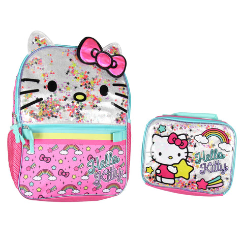 AI ACCESSORY INNOVATIONS Hello Kitty front backpack view showing glitter stars and sturdy straps for everyday use