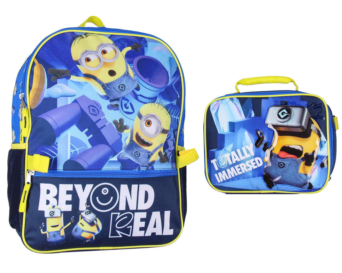 AI ACCESSORY INNOVATIONS backpack front view shows playful Minions design and durable build