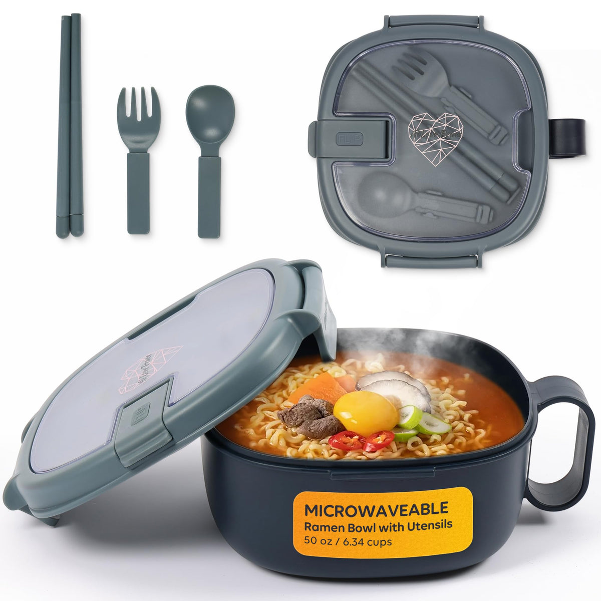AI LOVE PEACE front view navy ramen bowl showing secure lid and handle benefit