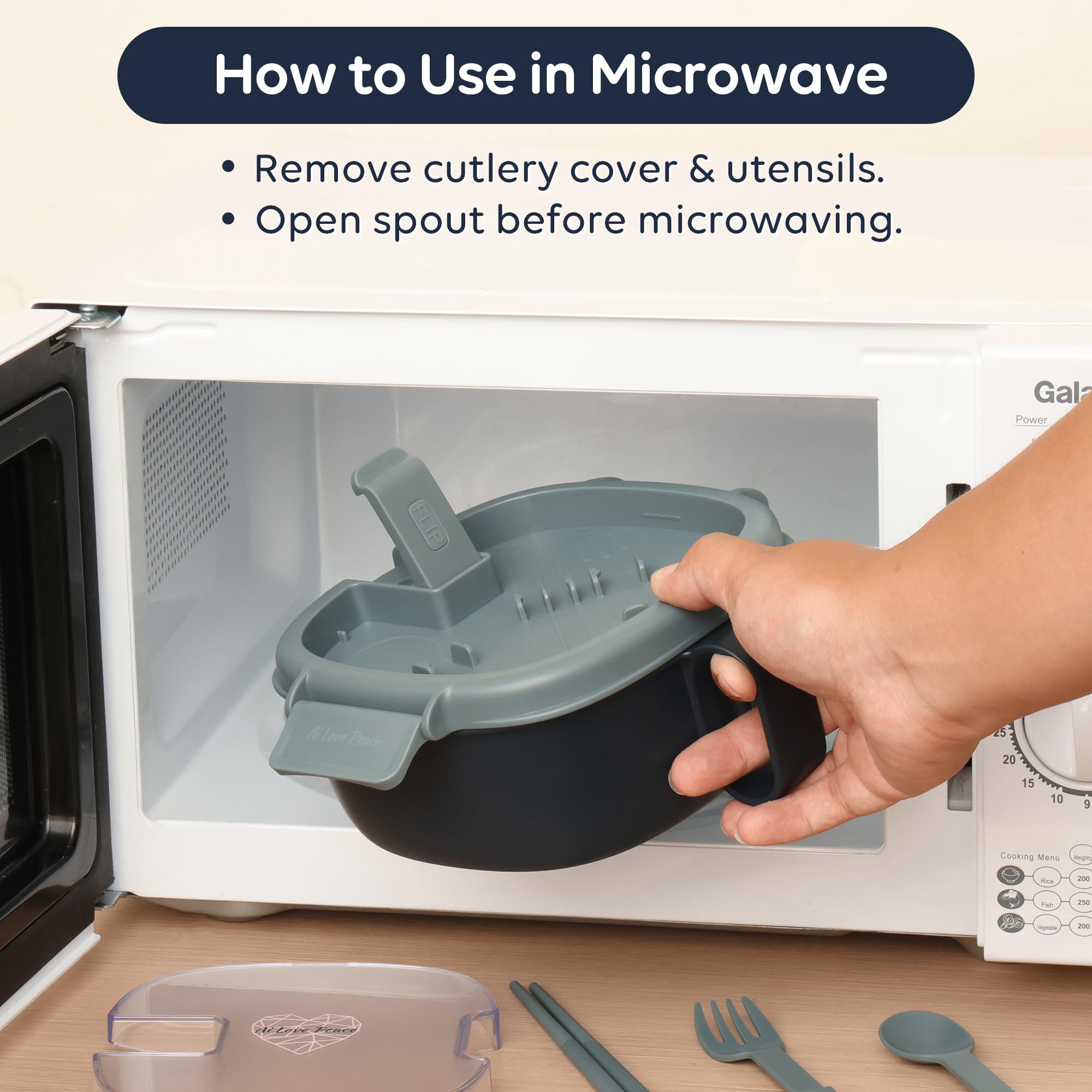 AI LOVE PEACE desk lunch scene showing portable bowl for meals on the go