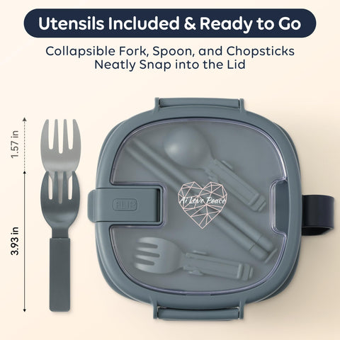 AI LOVE PEACE lid interior storing collapsible utensils for ready-to-eat convenience