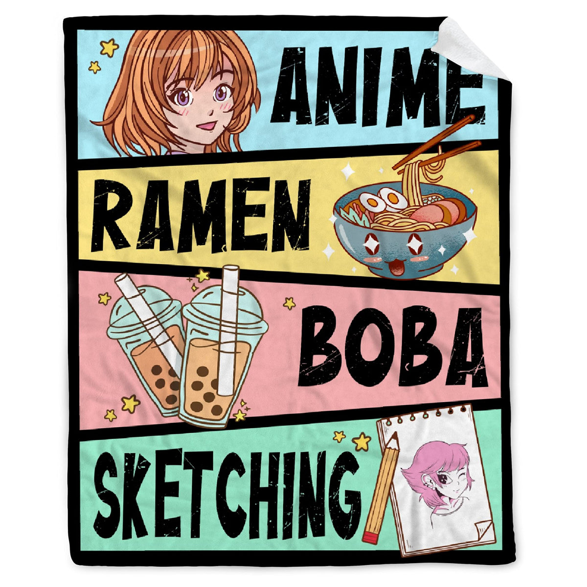 AIBILEEN front view showing kawaii ramen and boba anime print, bright and playful