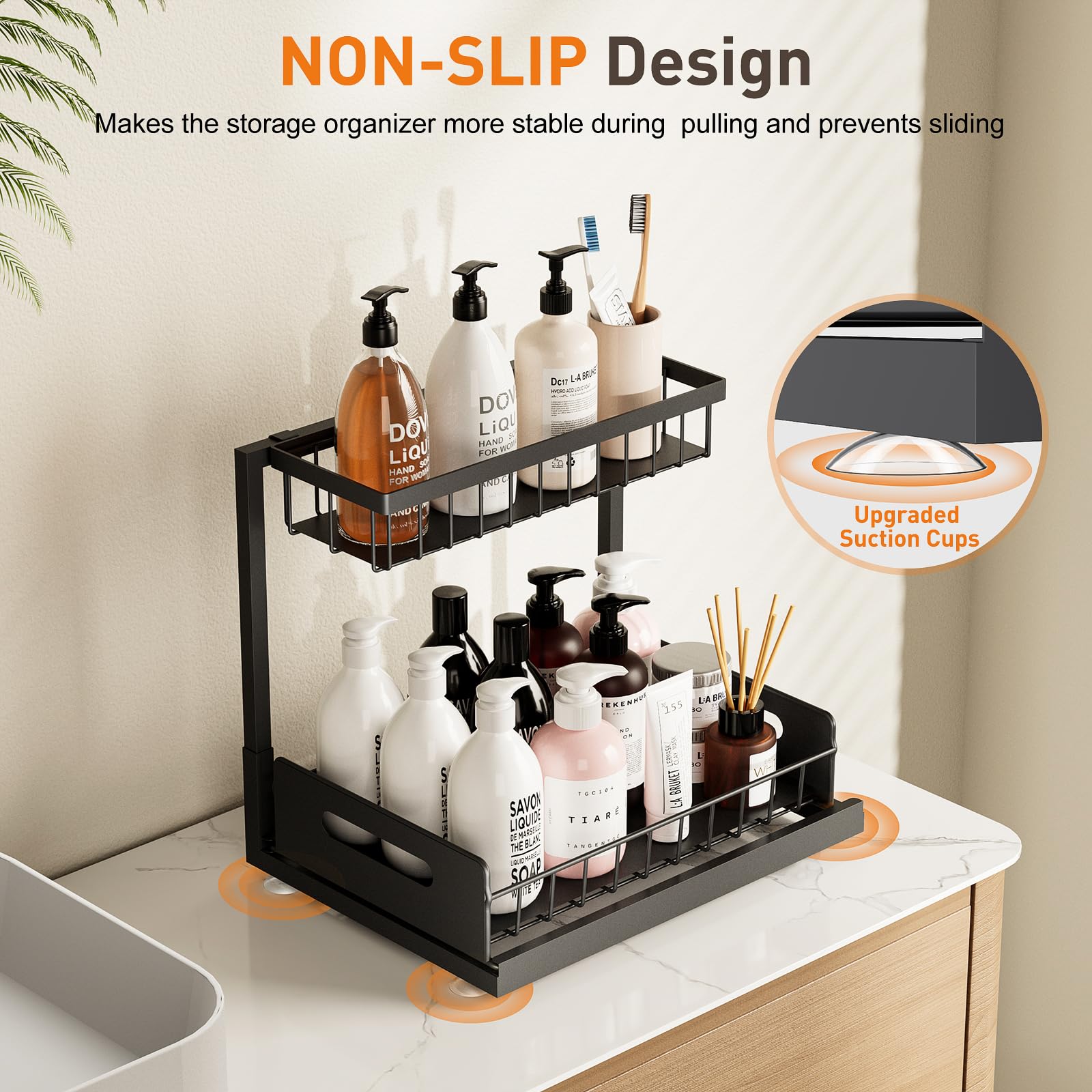 AIDIAM oversized suction feet and rubber pads securing shelf without drilling
