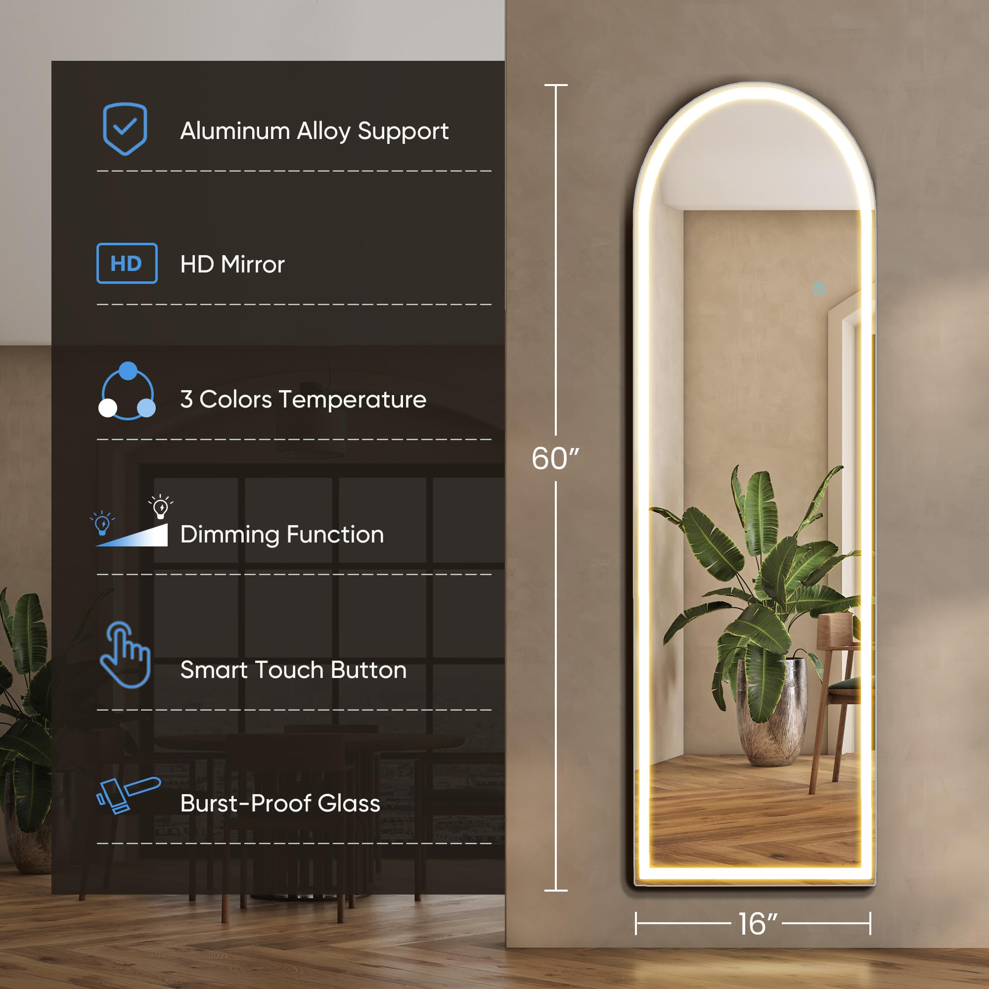 Aidoly LED lighting closeup showing touch control and adjustable brightness benefit