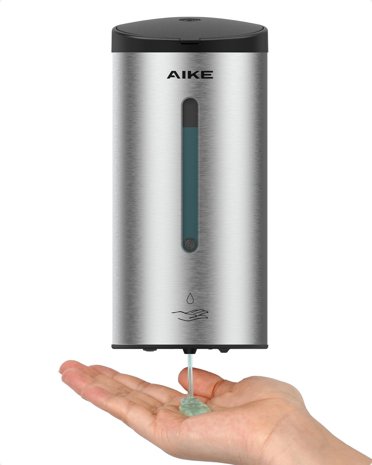 AIKE brushed front view showing sleek stainless finish and hygienic touchless benefit