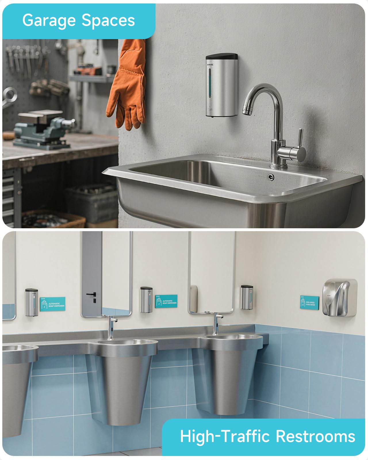 AIKE in bathroom lifestyle setup illustrating tidy, hands-free hygiene