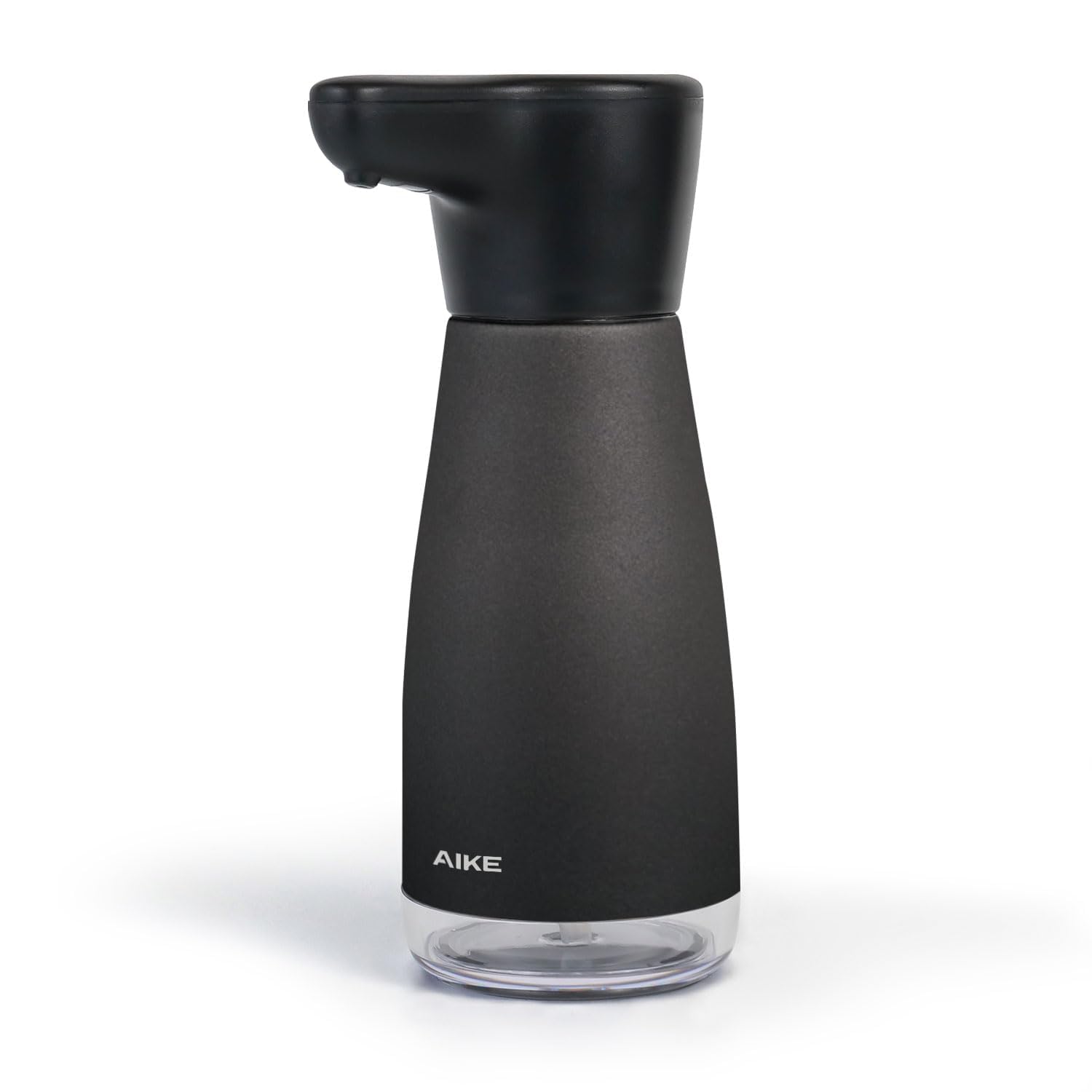 AIKE matte black dispenser front view showing sleek design and benefit of touchless dispensing