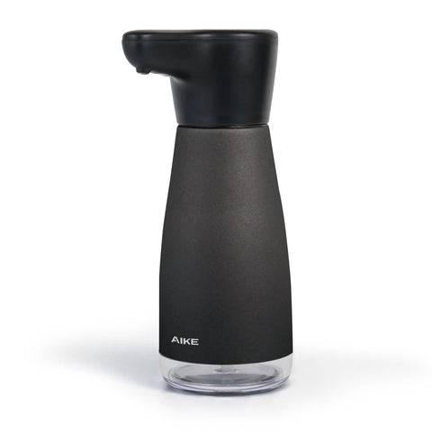 AIKE matte black dispenser front view showing sleek design and benefit of touchless dispensing