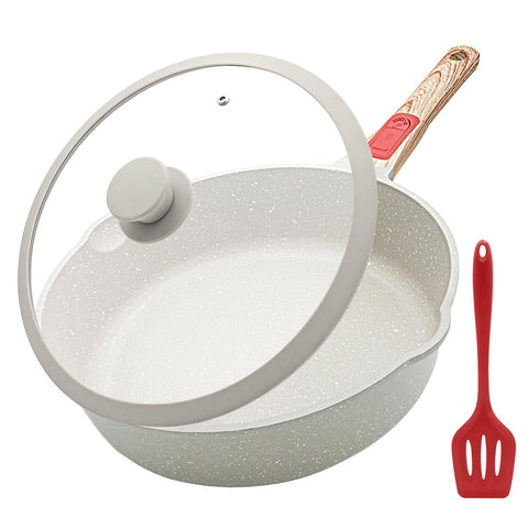 AIKENBBKK 12-inch skillet front view showing lid and included shovel, highlights versatility