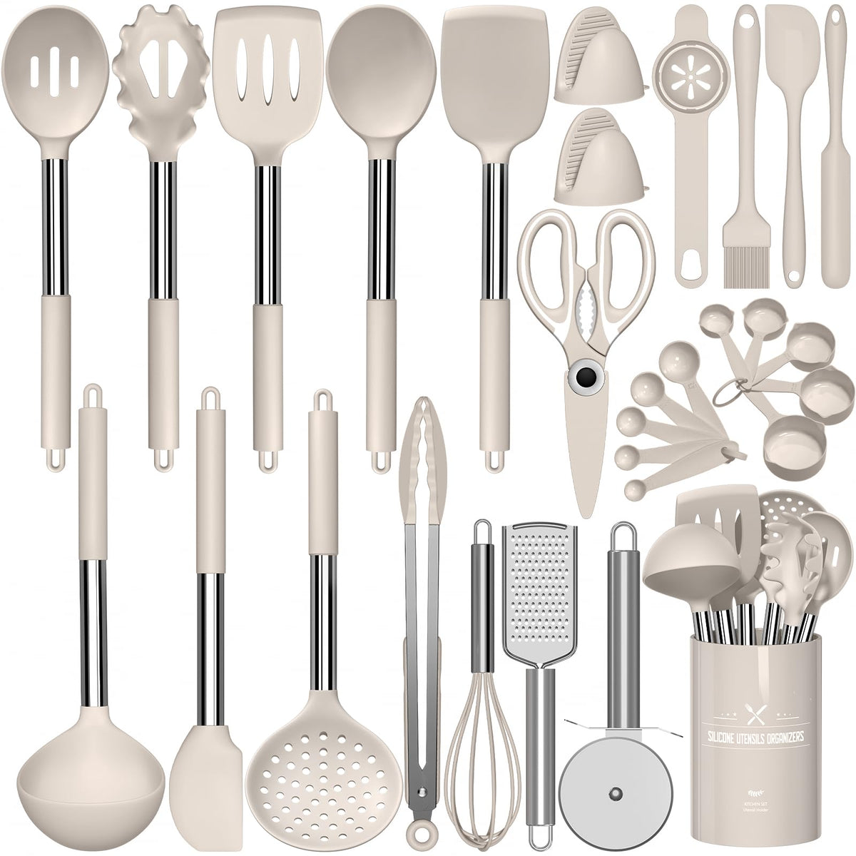 AIKKIL front packaging showing full 30-piece khaki utensil set and holder for easy storage