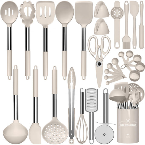 AIKKIL front packaging showing full 30-piece khaki utensil set and holder for easy storage