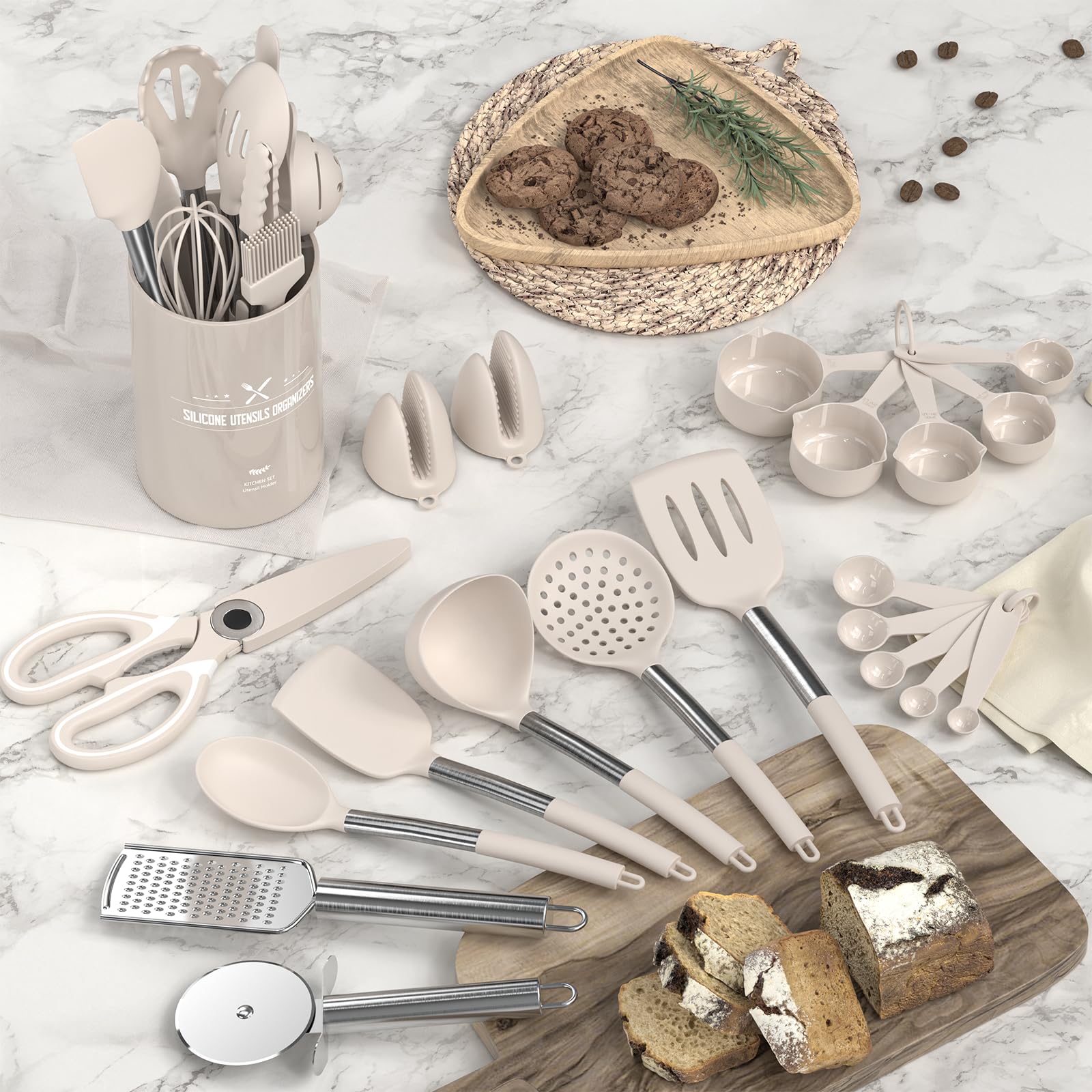 AIKKIL khaki utensil set arranged in a wooden holder highlighting organized countertop benefits