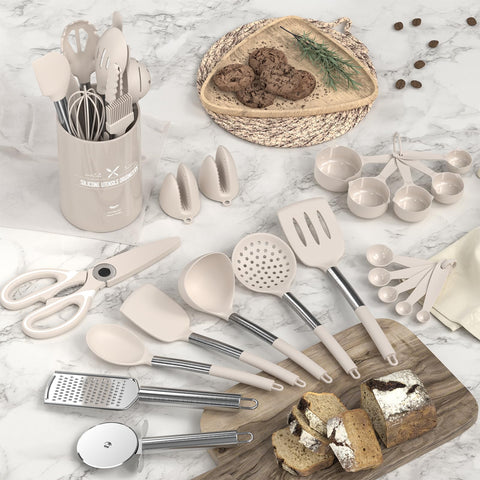 AIKKIL khaki utensil set arranged in a wooden holder highlighting organized countertop benefits