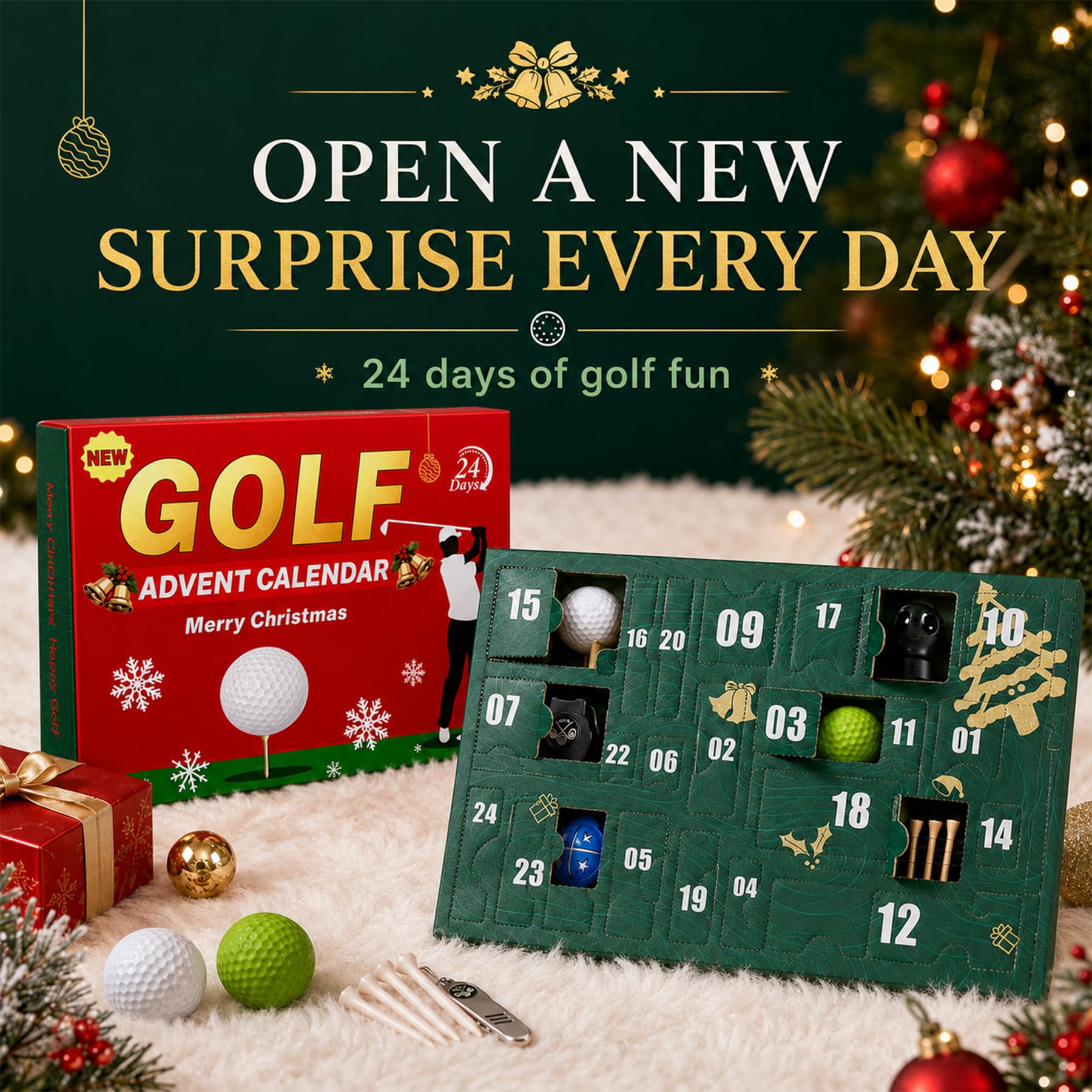 AILE calendar next to a golf bag showing compact size and portability