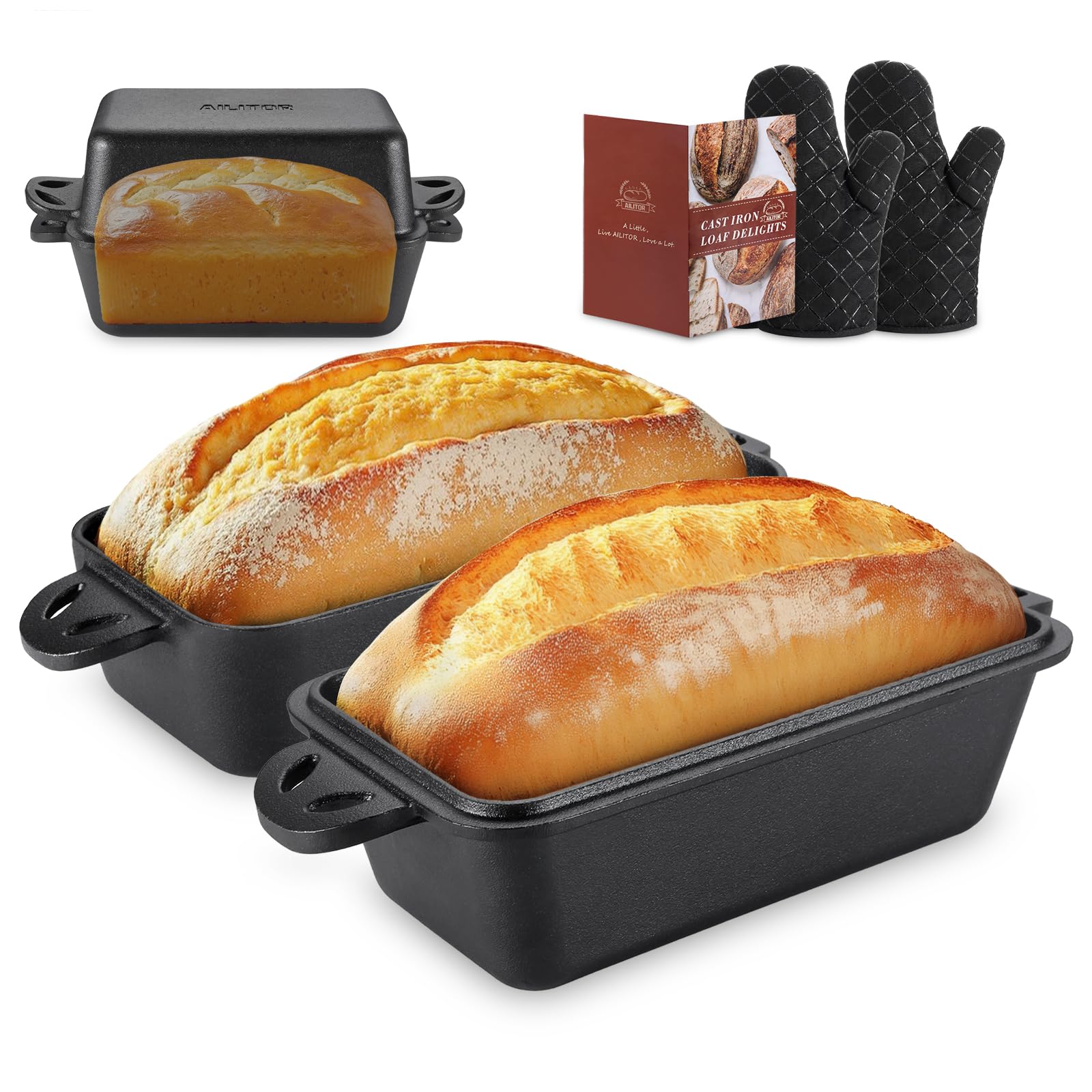 AILITOR front view of 9x5 inch cast iron loaf pan showing durable finish and shape benefit
