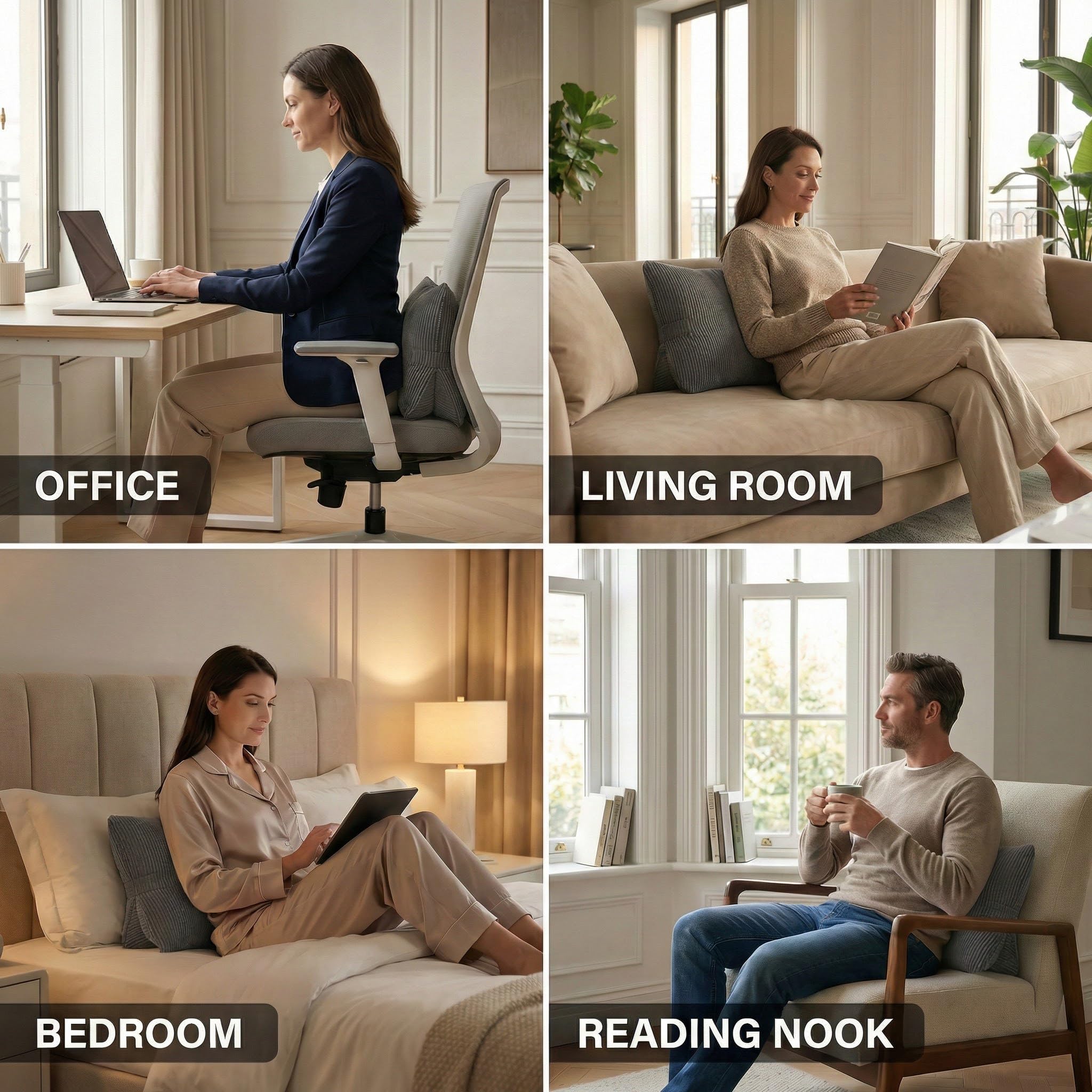 Ailuteie pillow placed on a sofa demonstrating improved sitting comfort