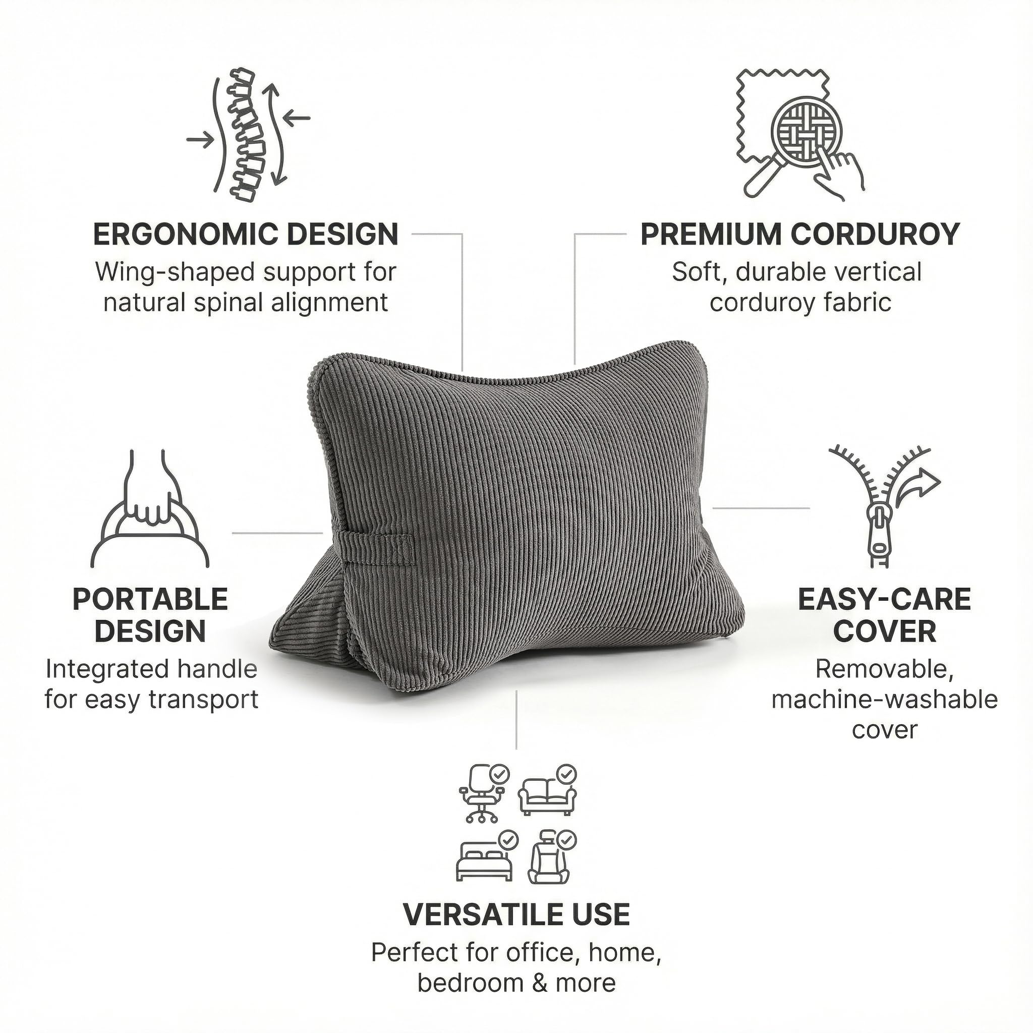 Ailuteie side view showing triangle profile that provides steady lumbar support