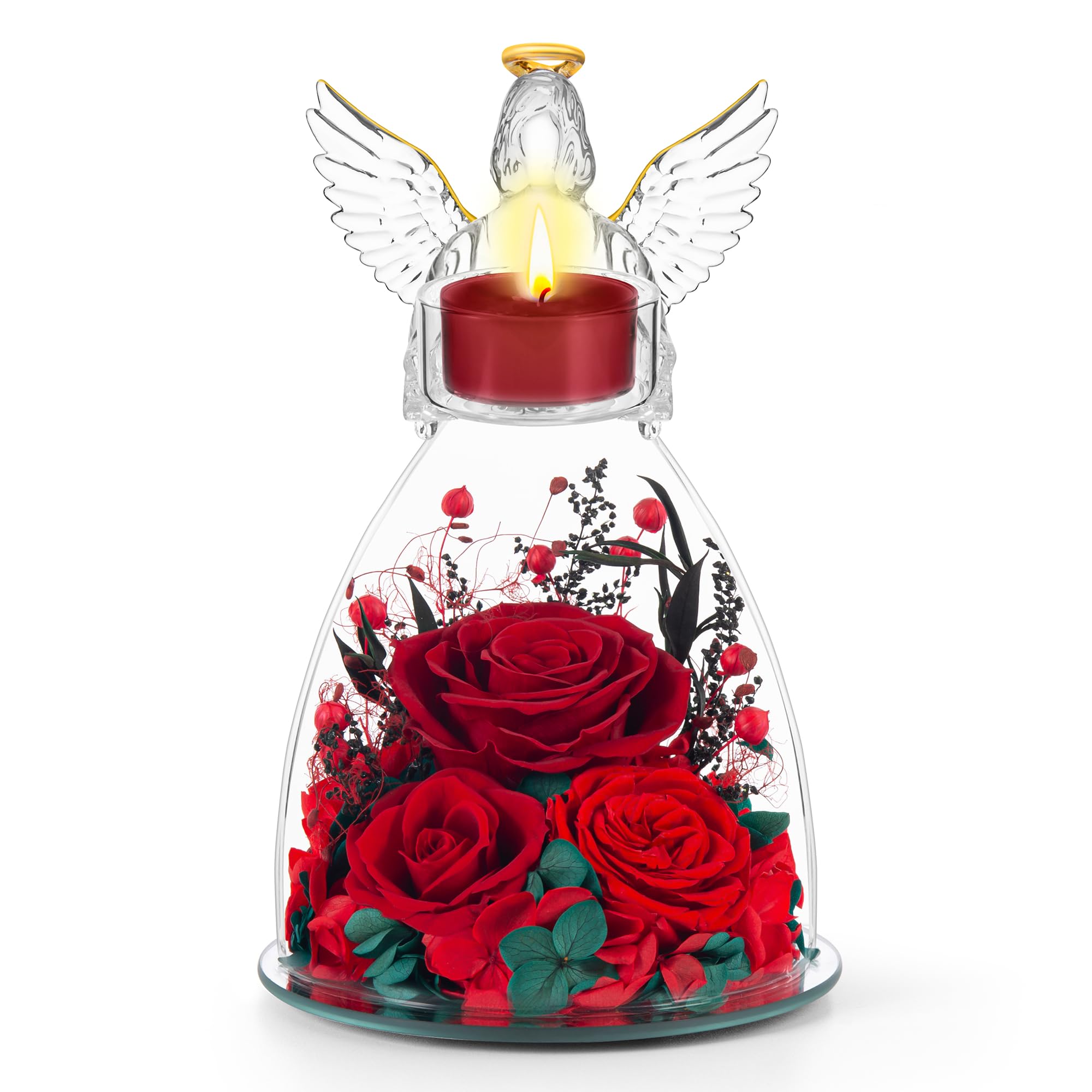 AIMEYE front view of glass angel holder showing preserved roses, elegant display benefit