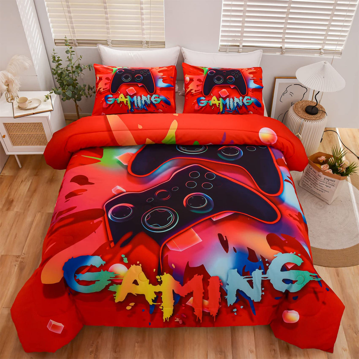 Aimuan front view of comforter showing gamepad pattern and vibrant red color benefits room theme