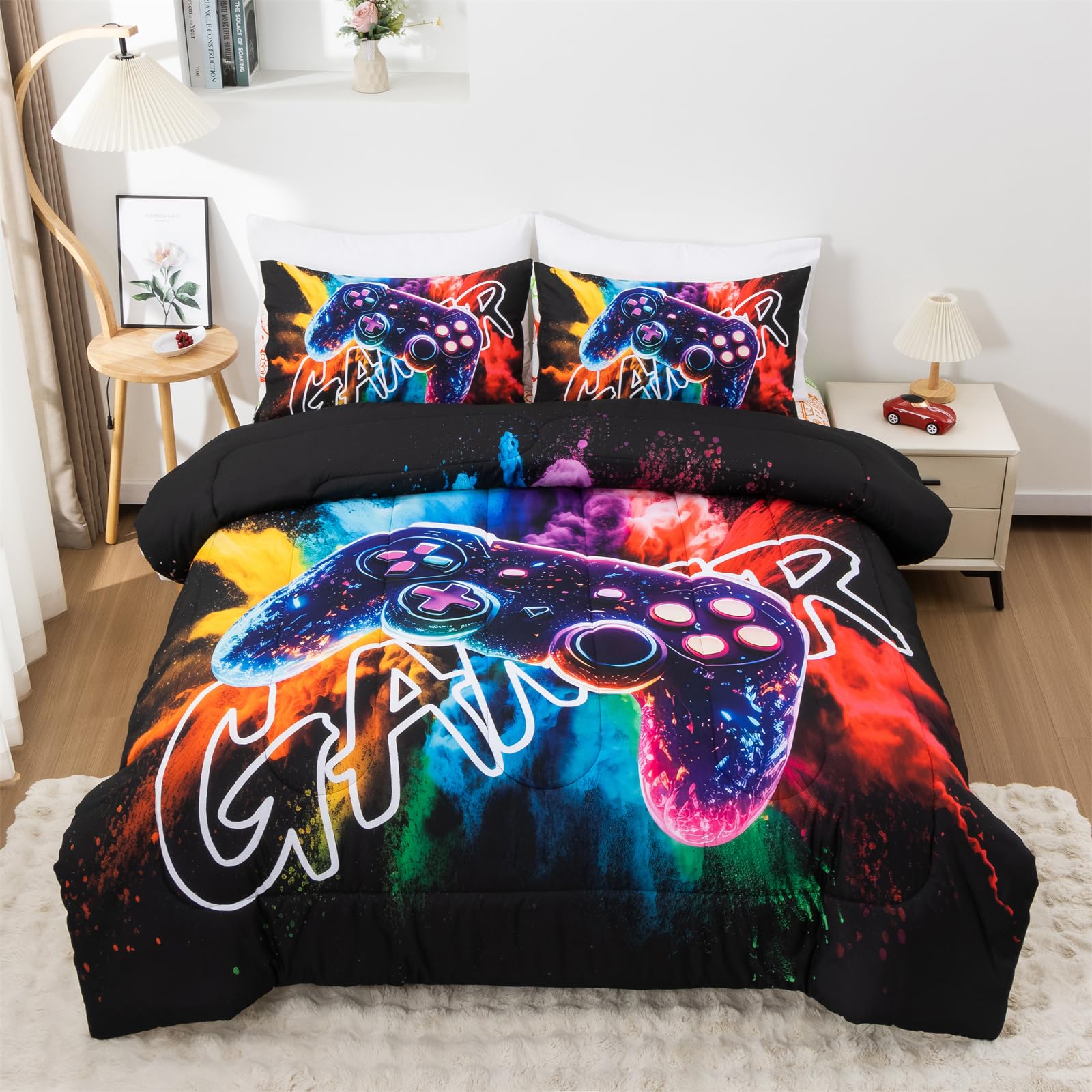 Aimuan front view of comforter showcasing vivid gamepad artwork and bold colors