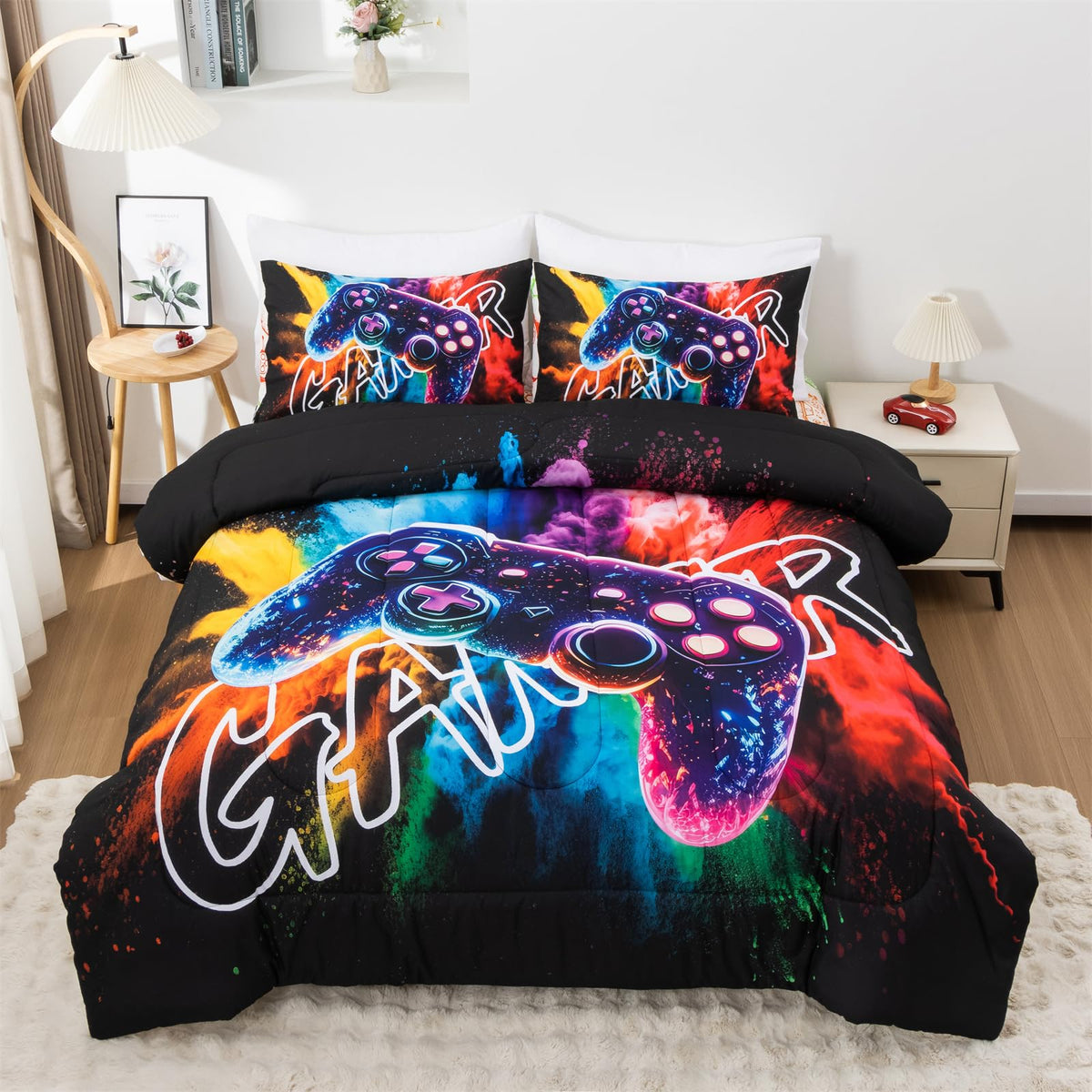 Aimuan front view of comforter showcasing vivid gamepad artwork and bold colors