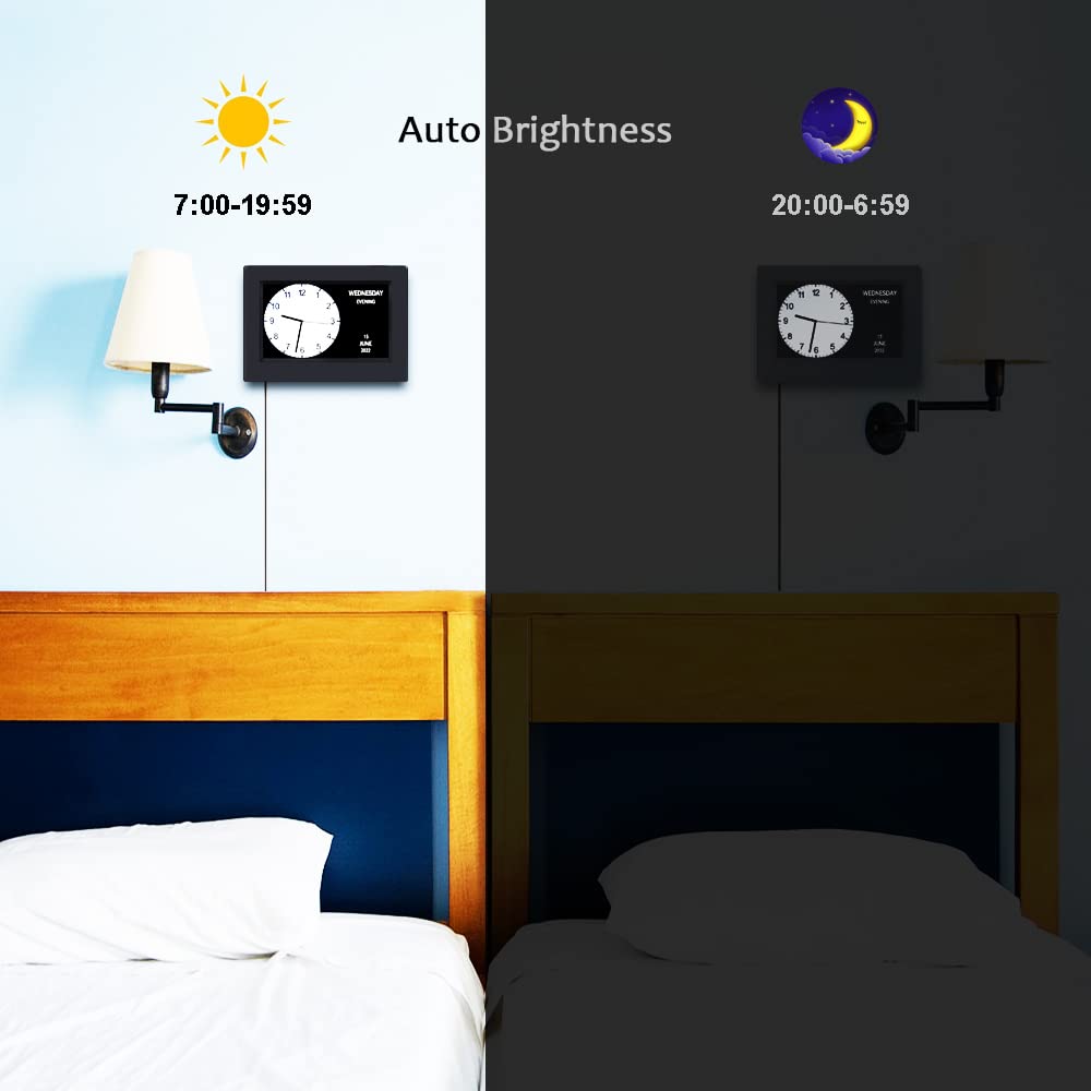 AINFTIME on bedside table in bedroom showing nighttime dimming benefit