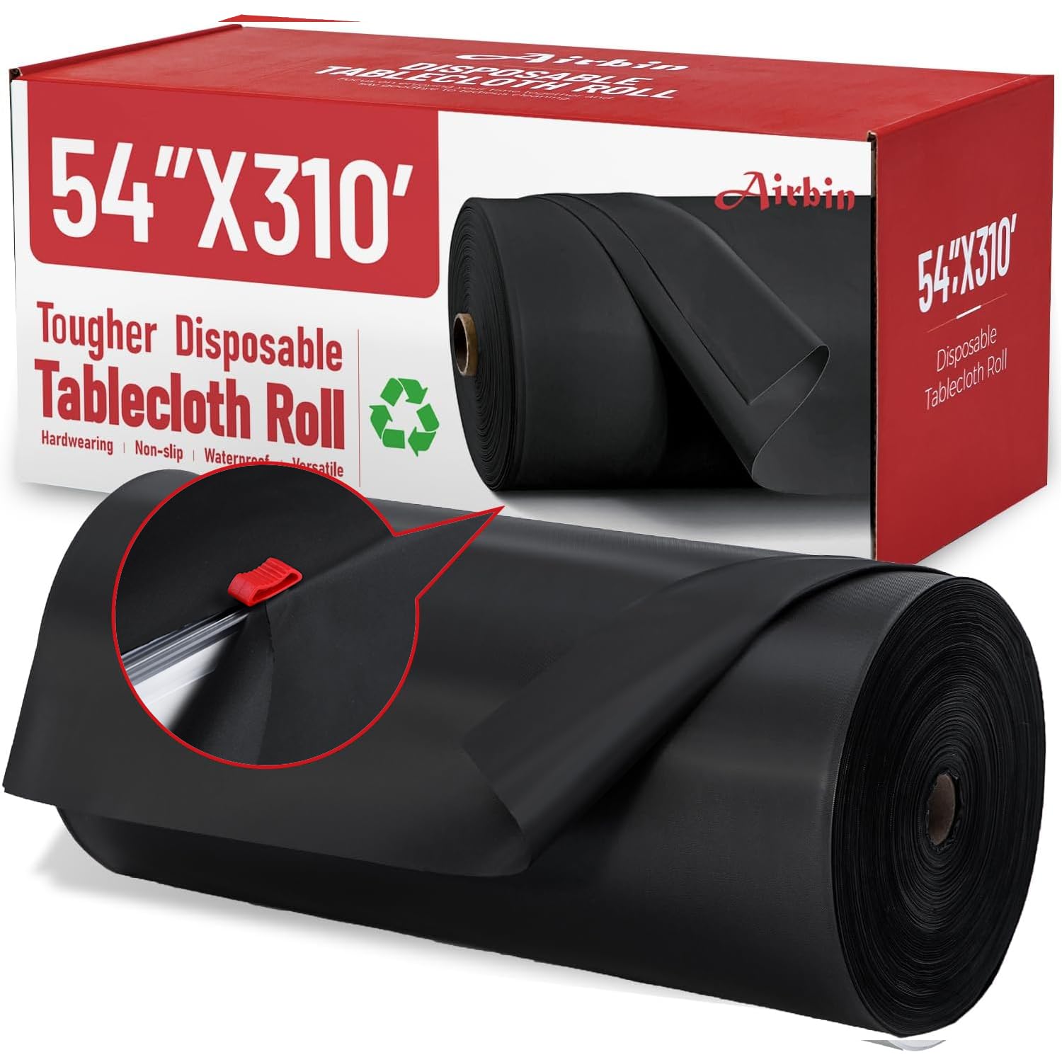 Airbin front packaging roll showing full black tablecloth roll and benefits