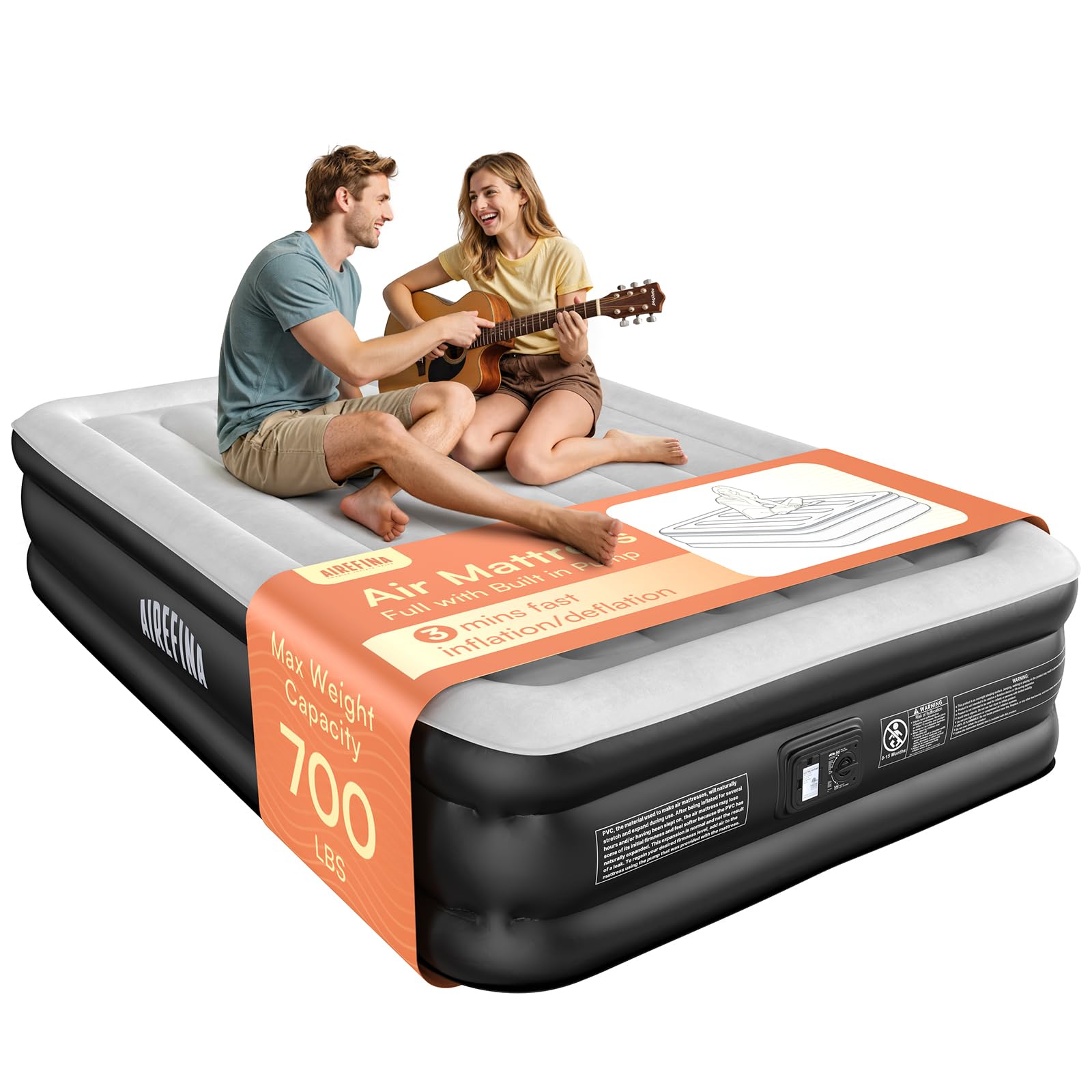 Airefina front view full-size air mattress showing height and stability for comfortable sleep