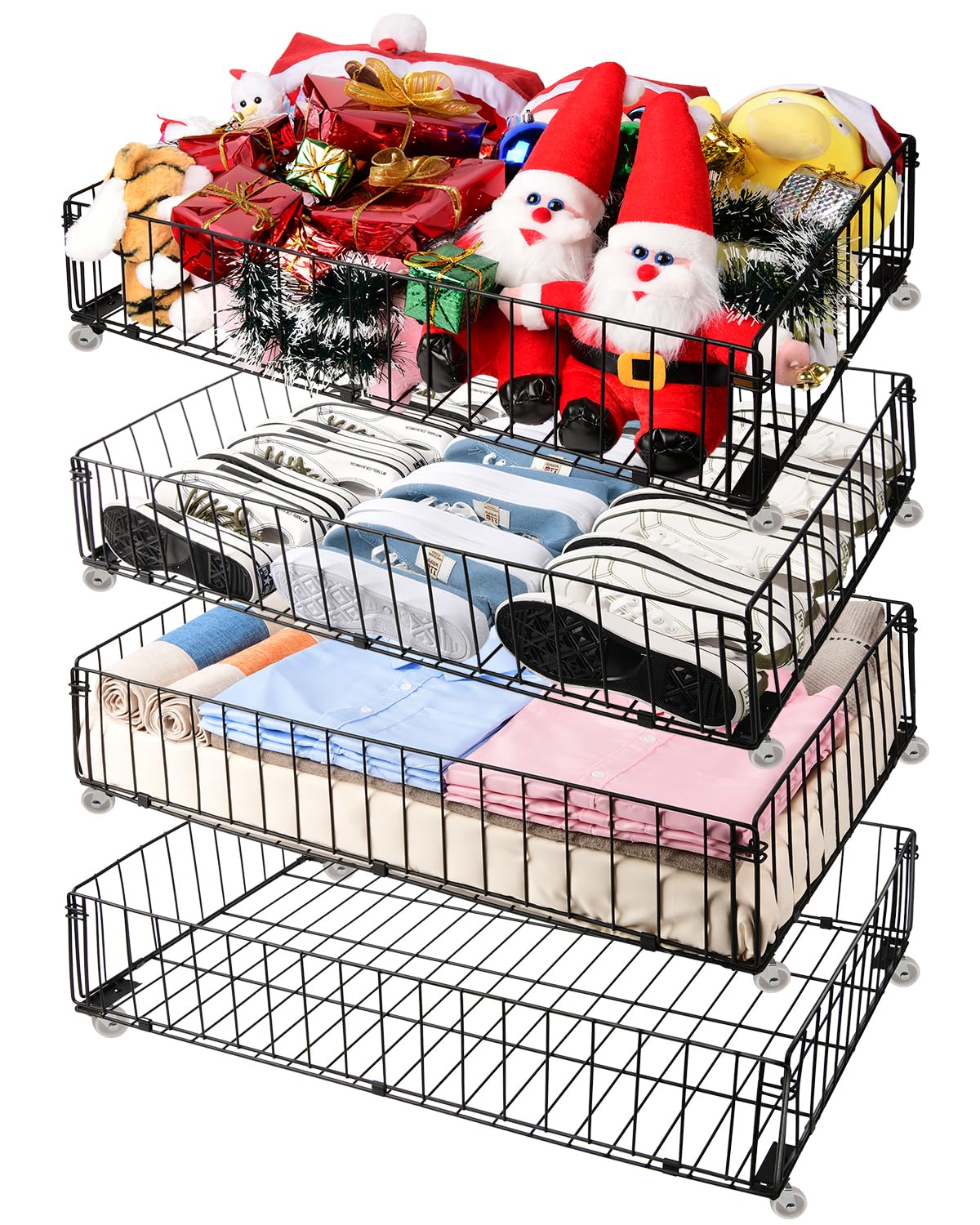 Airhercs front view of all four metal wheeled baskets showing organized storage benefit