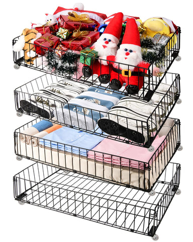 Airhercs front view of all four metal wheeled baskets showing organized storage benefit