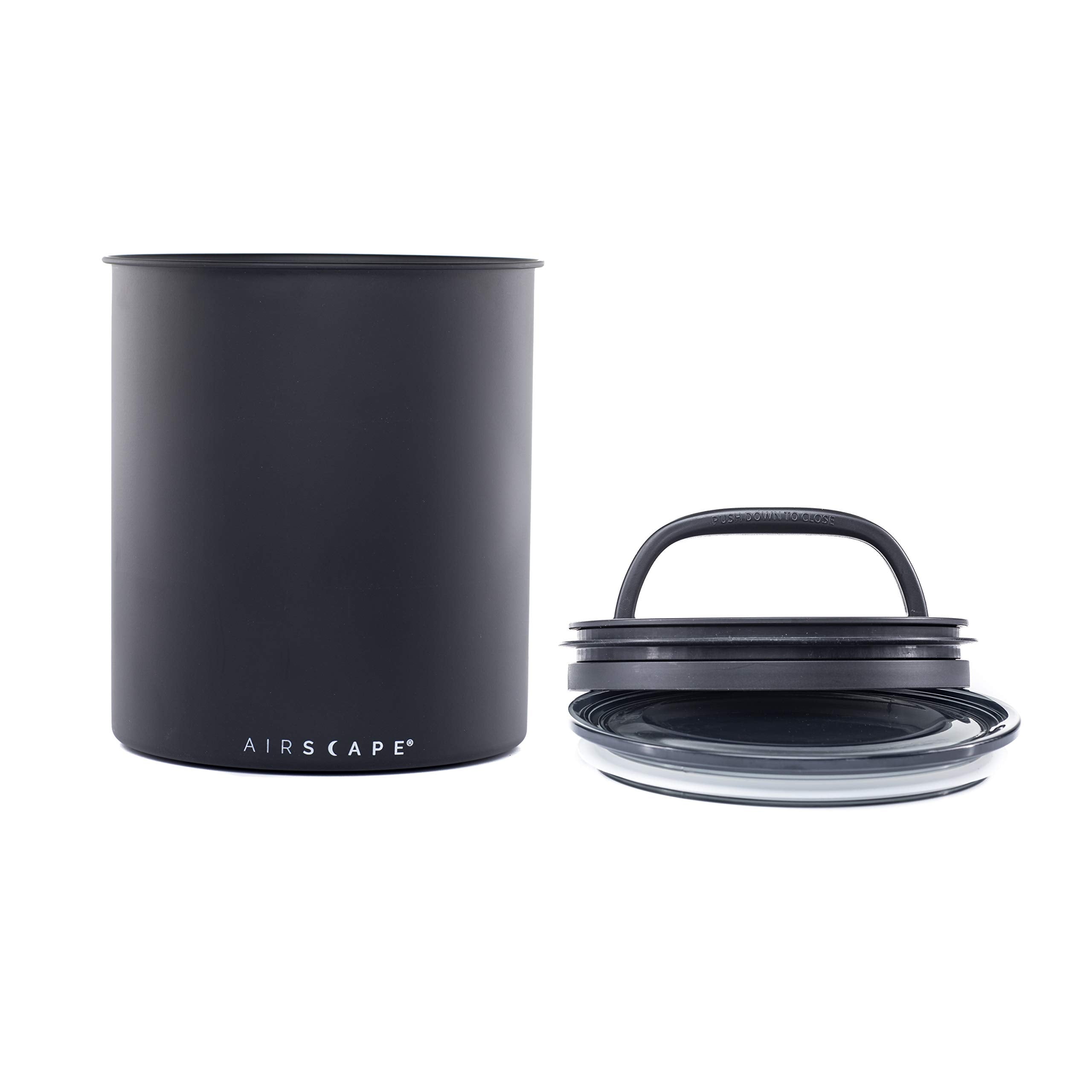 AirScape matte black front view showing sleek canister and lid preserving freshness