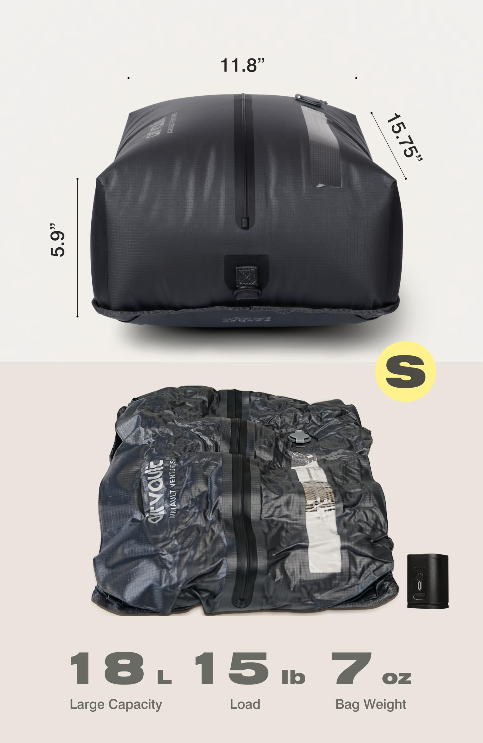 AIRVAULT VENTURES compressed vacpack inside a carry-on illustrating space saved