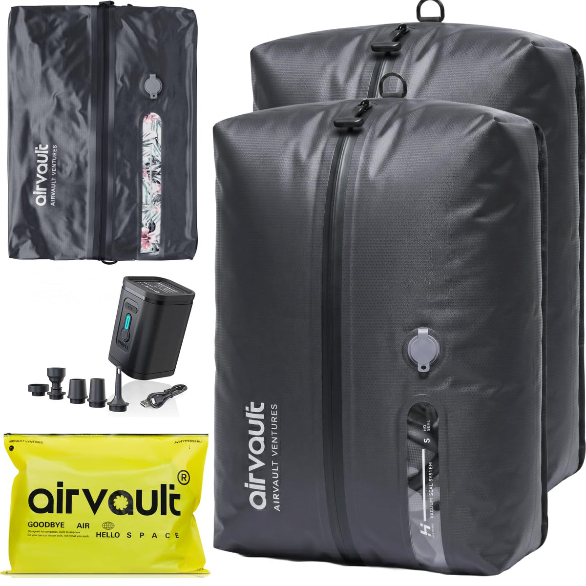 AIRVAULT VENTURES front view of two packed 18L vacpacks showing organized luggage benefit