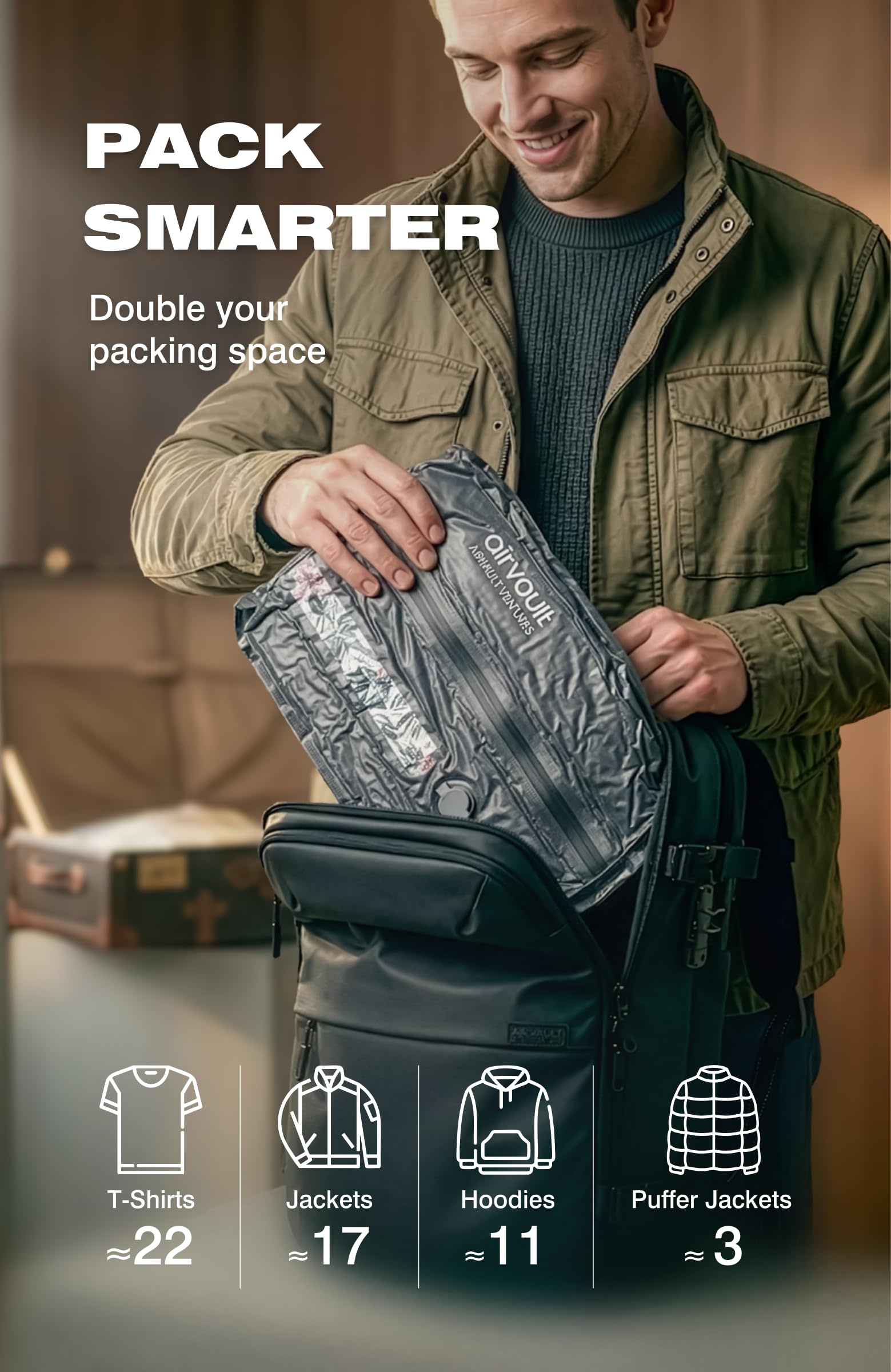 AIRVAULT VENTURES vacpack hanging in RV showing easy access in tight spaces