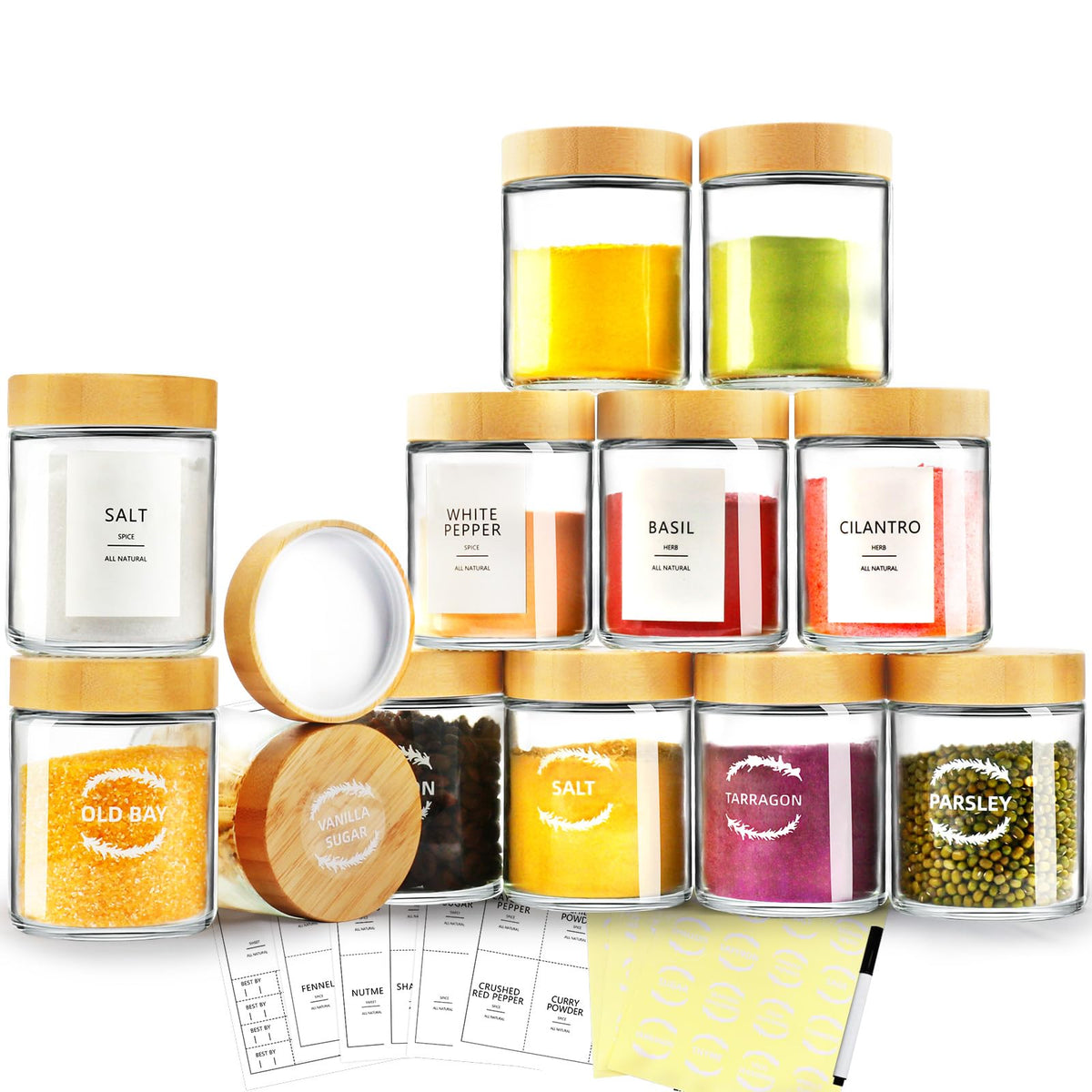 AISIPRIN front view of 12 glass jars showing organized storage benefit