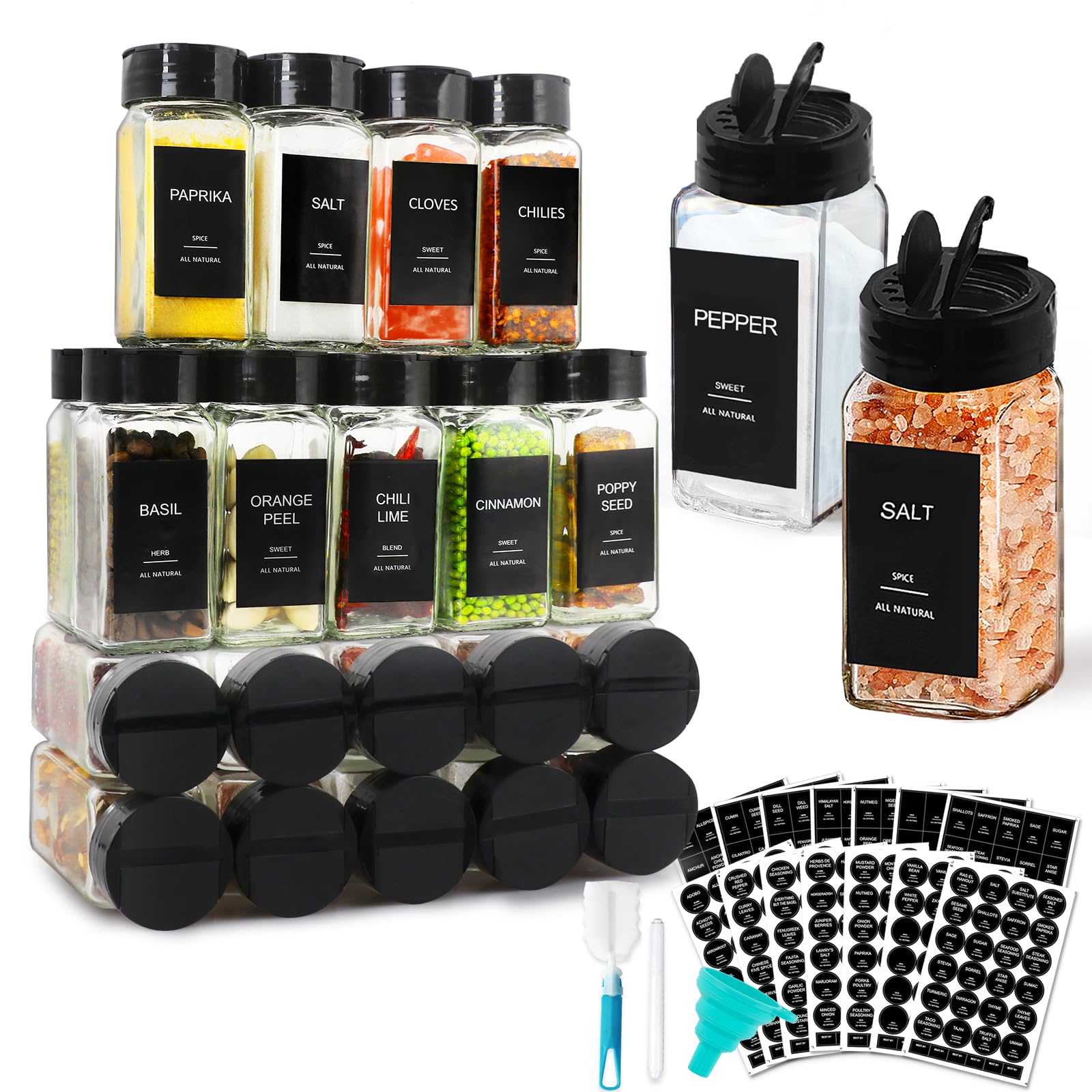 AISIPRIN front view showing 24 glass spice jars and accessories, neat storage benefit