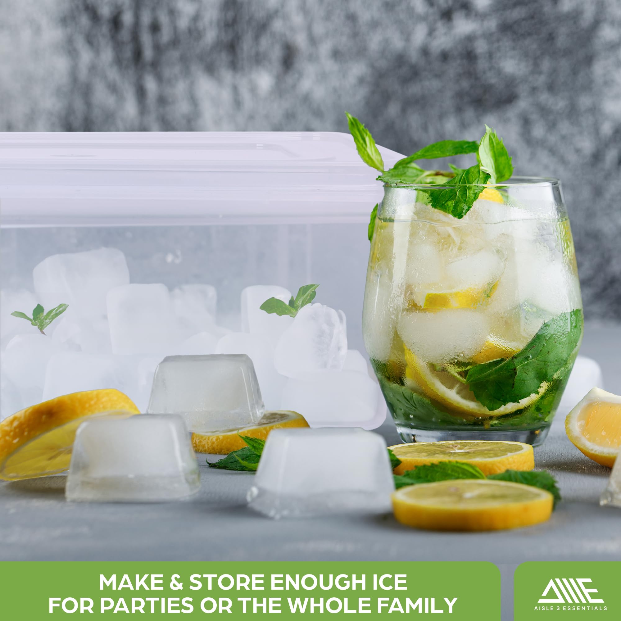 AISLE 3 ESSENTIALS ice cubes in glass showing perfect cocktail-ready cubes