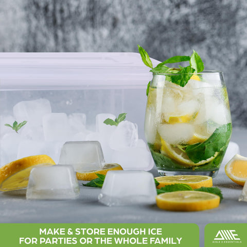 AISLE 3 ESSENTIALS ice cubes in glass showing perfect cocktail-ready cubes