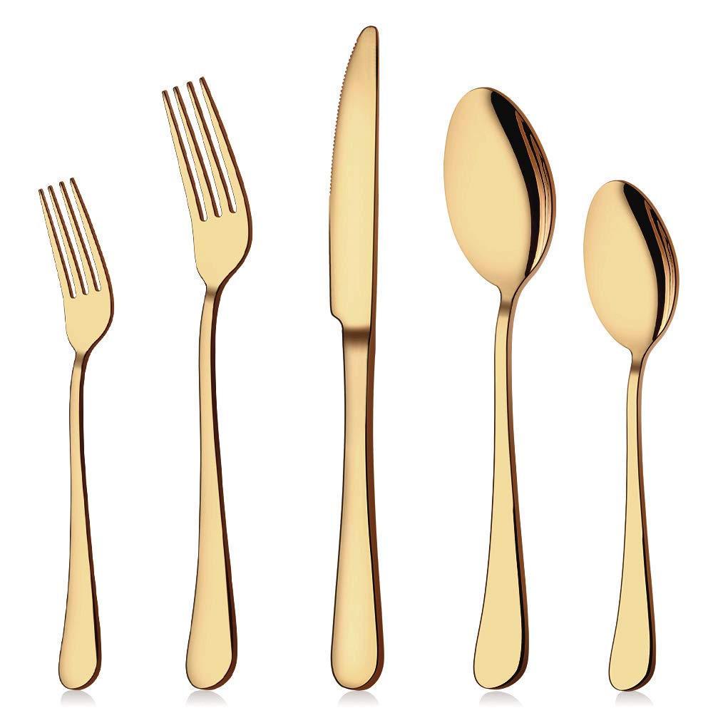 Aisoso front packaging showing full 40-piece gold flatware set and organized layout