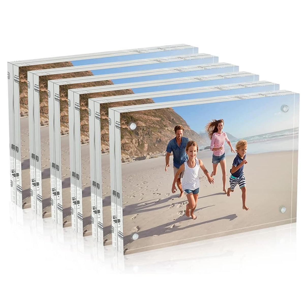 AITEE clear 6-pack front view showing neat stacked frames and modern presentation benefit