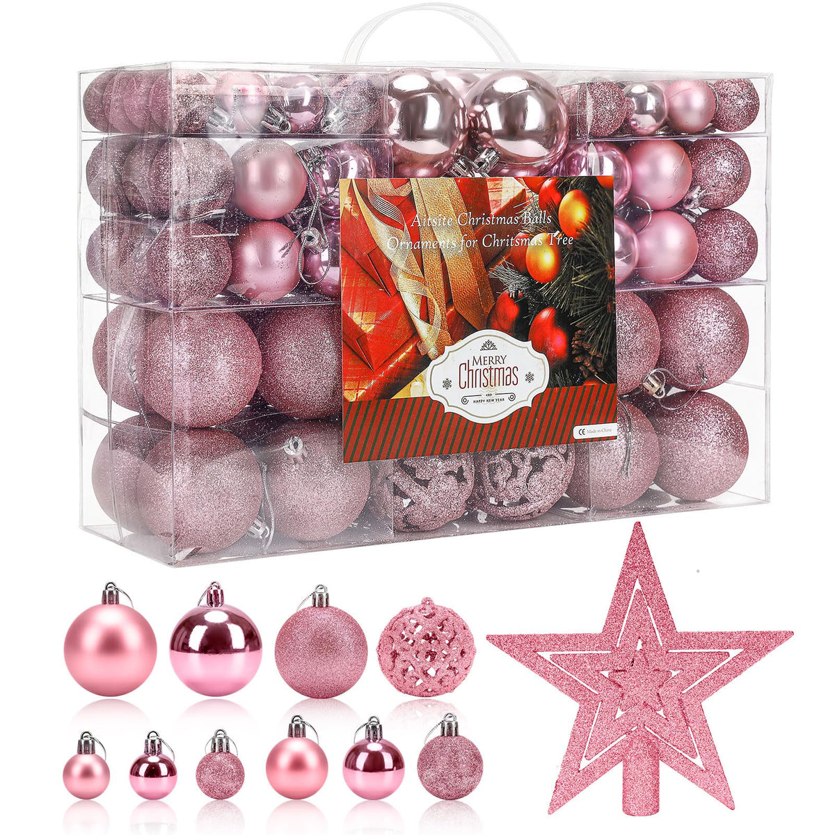 Aitsite pink ornaments front packaging showing set and quantity benefits