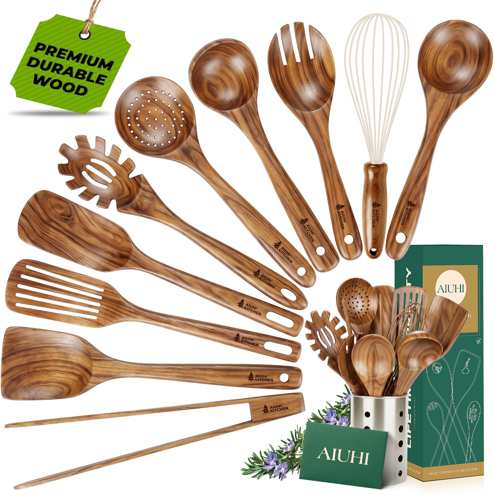 AIUHI teak wood utensil set front view showing holder and all tools for organized storage
