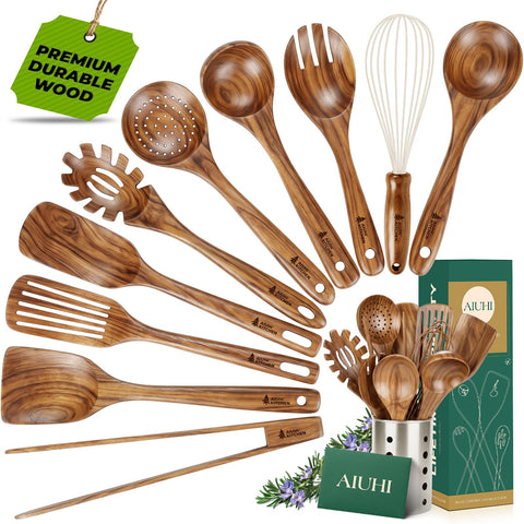 AIUHI teak wood utensil set front view showing holder and all tools for organized storage