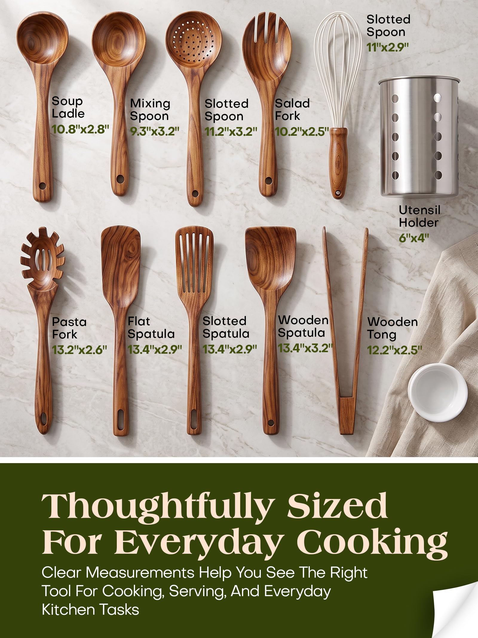 AIUHI wooden utensils beside holder from side angle showing compact countertop placement