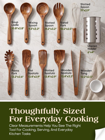 AIUHI wooden utensils beside holder from side angle showing compact countertop placement