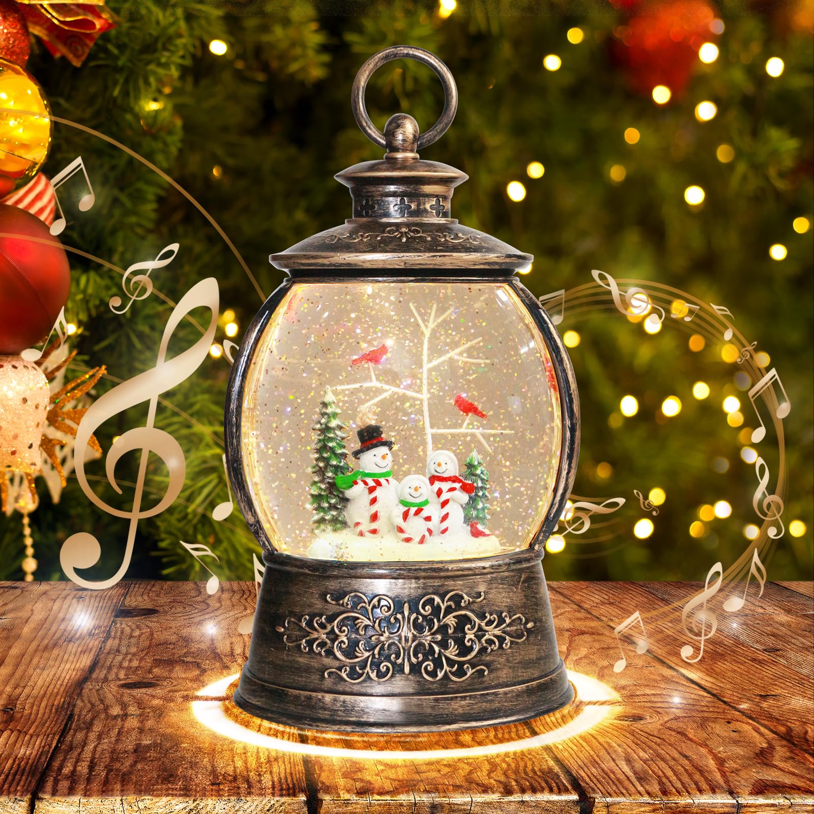 Aixuler front view of snow globe lantern showing cardinal and warm glow benefit
