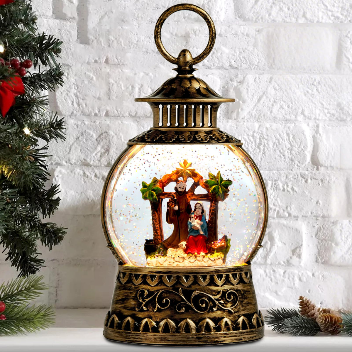 Aixuler front view nativity globe showing vintage lantern look and festive glow
